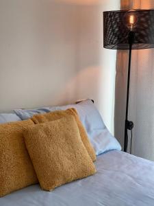 une couverture brune assise sur un lit à côté d'une lampe dans l'établissement Agnieszka Dabrowska, à Teversham