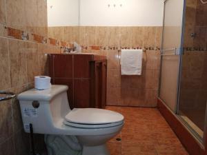 a bathroom with a toilet and a shower at Reservation Machupicchu Huascar in Cusco
