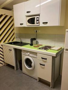 a kitchen with a washing machine and a microwave at Maison colibri in Les Anses-dʼArlets