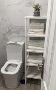 a bathroom with a toilet and a shelf with towels at Dreams vacation tenerife in San Miguel de Abona