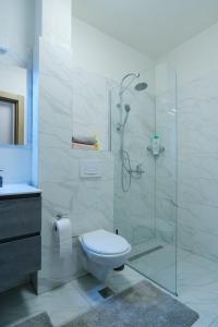 a bathroom with a toilet and a glass shower at Sara Apartments in Visoko +24 photos