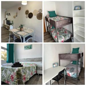 four pictures of a room with a bed and a table at Alojamiento entero. Piso en el centro de El Vendrell. in El Vendrell