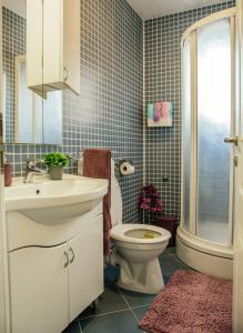 uma casa de banho com um WC, um lavatório e um chuveiro em Luxury Apartment Leonarda on the river Vrljika em Imotski