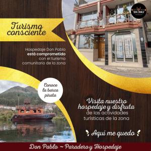 a flyer for a house on a river with a boat at HOSPEDAJE DON PABLO in Otavalo