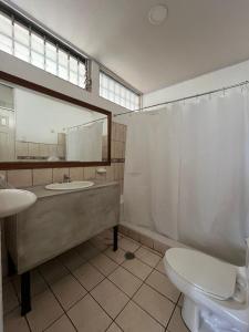 a bathroom with a sink and a toilet and a mirror at Gaudys Hotel in San José