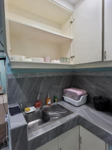 encimera de cocina con fregadero y microondas en Jens Samal Vacation Rental - Centrally Located - Fully Furnished 2br WIFI en Babak