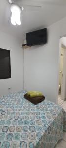 a bedroom with a bed and a flat screen tv at Cantinho do Boris l in Ubatuba