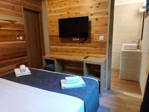 a bedroom with a bed with a desk and a television at La Rose du Sud in Saint-Joseph