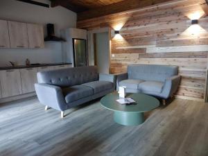 a living room with two couches and a table at La Rose du Sud in Saint-Joseph