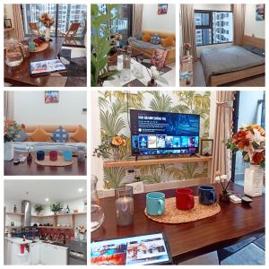 uma colagem de fotos de uma sala de estar e uma cozinha em Enter Right - Homestay Vinhomes Oceanpark em Gia Lâm Pho