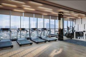 Het fitnesscentrum en/of fitnessfaciliteiten van Astra sky river无边泳池奢华温馨97㎡大三卧山景套房