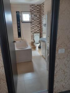 a bathroom with a tub and a sink and a toilet at VILA DAVISON in Târgu Jiu +42 photos