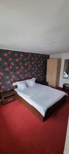 a bedroom with a large bed with a floral wall at VILA DAVISON in Târgu Jiu