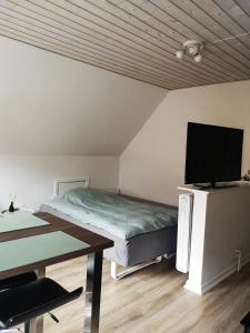 um quarto com uma cama e uma televisão de ecrã plano em Helle´s casa em Herning