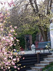 B&B Casa dell'Orso في لوريسيا: مقعد حديقة يجلس بجوار مبنى به زهور وردية