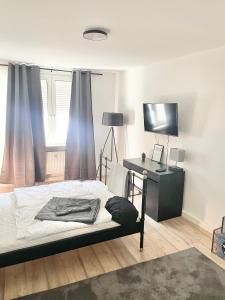 een slaapkamer met een bed, een bureau en een televisie bij City Loft in Toplage Mainz-Kastel in Wiesbaden