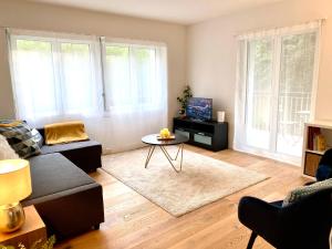 ein Wohnzimmer mit einem Sofa und einem Tisch in der Unterkunft GLAD Spot - Liestal - 10 min from Basel - Central, Design & Netflix in Liestal