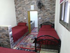 1 dormitorio con 2 camas y espejo en family studio en Wadi Musa