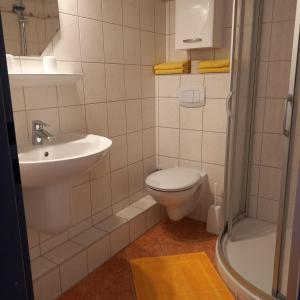 a bathroom with a sink and a toilet and a shower at Ferienwohnung Conny am Südstrand Familie Bach in Burgtiefe auf Fehmarn 