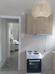 a kitchen with a stove and wooden cabinets at IOKASTI STUDIOS 5 in Andros +5 photos