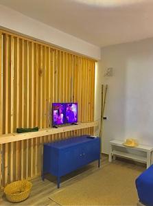 sala de estar con TV en una pared de madera en Villa Nova Nautic & Nature, en Eira do Chão