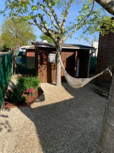 a hammock hanging from a tree in a yard at Calme - détente - proche lac in Biscarrosse