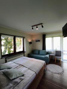 ビャウィ・ドゥナイェツにあるWilla Lanoのベッドルーム(大型ベッド1台、青いソファ付)