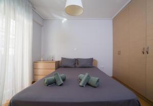 1 dormitorio con 1 cama grande y 2 almohadas en Lovely New Βuild Flat Near Metro - Free Parking en Athens