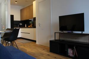 a living room with a flat screen tv on a entertainment center at Apartment Anya in Koper
