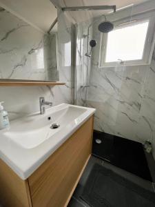 La salle de bains est pourvue d'un lavabo blanc et d'une douche. dans l'établissement La chambre jaune maison avec grande terrasse et garage privé, à Lille