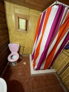 Elle comprend une petite salle de bains pourvue de toilettes. dans l'établissement Cabana trei paltini, à Poiana Vadului