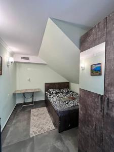 a small room with a bed and a table at Hostel VOYAGE in Batumi