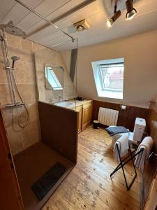 een badkamer met een douche en een wastafel bij Le Gambrinus Restaurant et Chambres d hôtes in Beblenheim