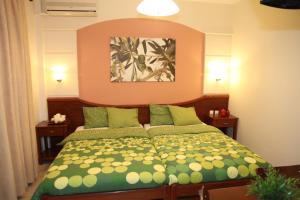 um quarto com uma cama com um edredão verde em Vaya Apartments & Studios em Platamon