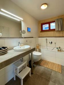 a bathroom with a sink and a toilet and a tub at Ferienhaus LebenPUR Bio-Ferienhaus aus Holz in Parin