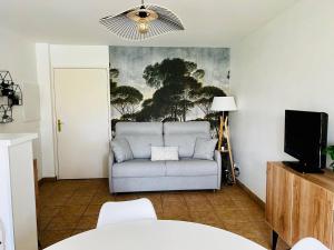 a living room with a couch and a television at Appartement T2 à Cambo-les-Bains, RDC, piscine, proche thermes, wifi, parking privé, non-fumeur. - FR-1-495-33 in Cambo-les-Bains