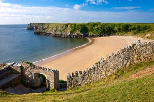 una playa con una pared de piedra junto al océano en Gwynfryn Guest House, en Pembrokeshire