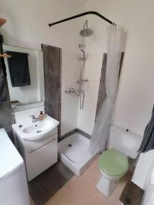 een badkamer met een douche, een toilet en een wastafel bij Cycle Normandie and relive the Belle Epoque times! in Bagnoles de l'Orne