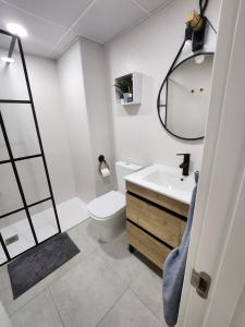 a bathroom with a toilet and a sink and a mirror at Casa de Almano - Torremolinos direct on beach in Torremolinos