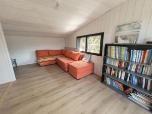 sala de estar con sofá y estante para libros en JOLIE MAISON BOIS 8 à 10 personnes en Saint-Jean-de-Monts