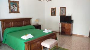 ein Schlafzimmer mit einem grünen Bett und einem TV in der Unterkunft Elico Di Sicily B@B in Sambuca di Sicilia