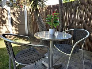 a table and chairs with a potted plant on a patio at Mandalay Beach Guest House in Bloubergstrand