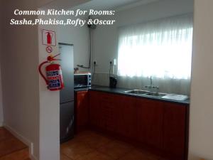 cocina con nevera, fregadero y ventana en Botleng Guest House en Boqate