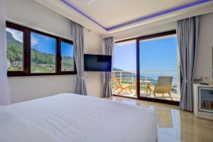 a bedroom with a bed and a tv and windows at Highclere Hotel and Spa in Faralya
