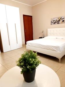 ジャッレにあるB&B Al Duomoの白いベッドと鉢植えの植物が備わるベッドルーム1室