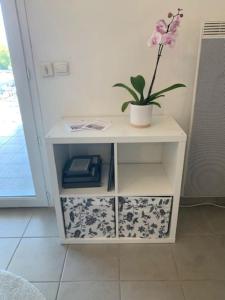 een kleine witte tafel met een potplant erop bij Appartement 4 personnes in Narbonne