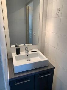 een badkamer met een witte wastafel en een spiegel bij Appartement 4 personnes in Narbonne