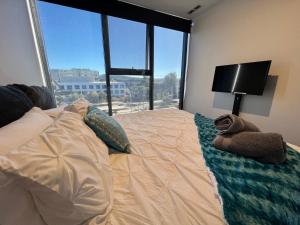 a bedroom with a large bed with a large window at Midnight Luxe 2BR 2Bath Executive Apartment in the heart of Braddon Pool Sauna L4 Views Secure Parking Wine WiFi in Canberra