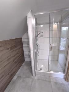 a bathroom with a shower and a glass shower stall at Gościniec Polna Pszczoła in Zabór