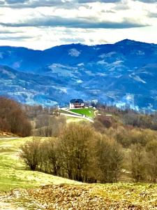 a house on a hill with mountains in the background at Maramures BELVEDERE in Petrova